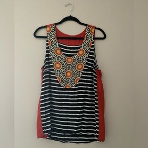 B&W striped tank with orange panels and embroidered front